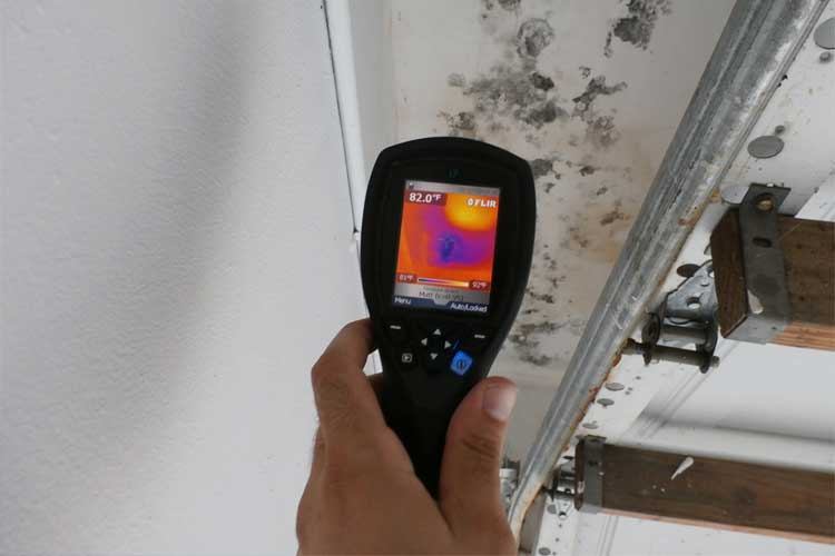 Thermal imaging camera aimed at a mold-stained wall